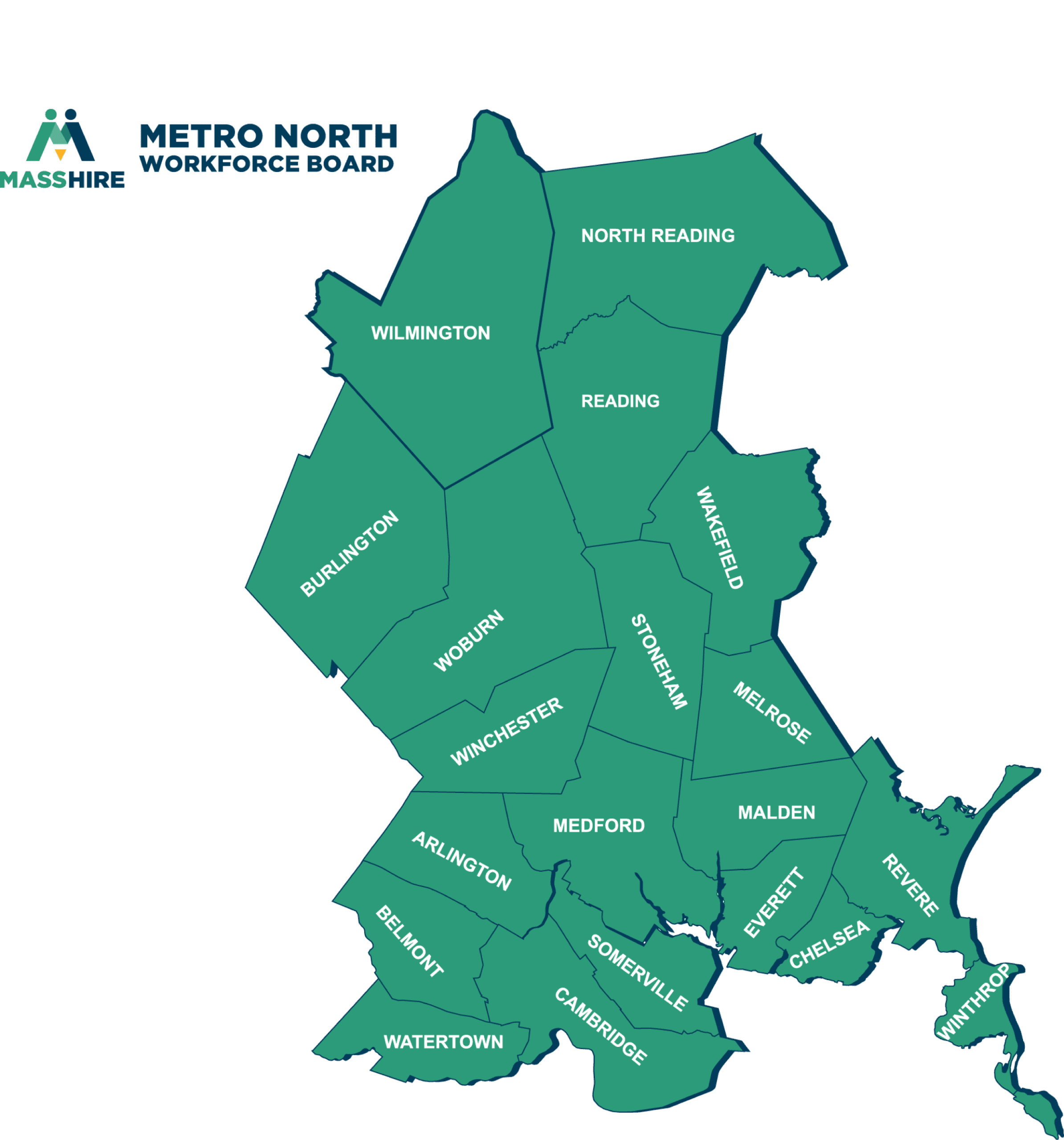 Map of the MassHire Metro North region showing cities including Malden, Medford, Everett, Woburn, and others.